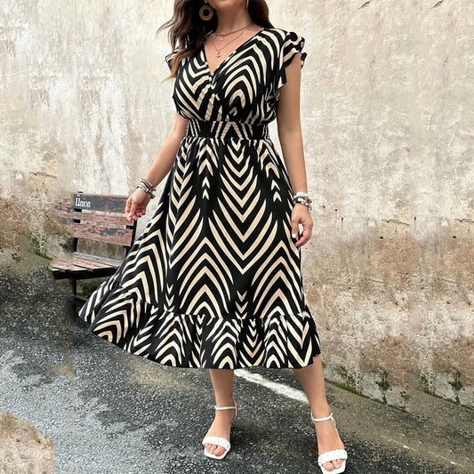 Casual Midi Skirt Women's Dress Elegant Arrow Stripe Print Tighten Slim Waist Sleeves V-neck with Ruffled Hem Fashion Clothing