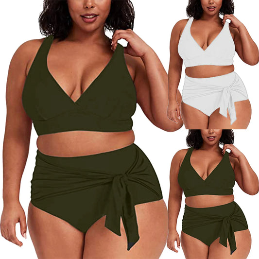 2023 Womens Swimwear High Waist Bikini Solid Color Plus Size Big Breast Swimsuit Strappy Bather Swimming Wear Bathing Suit