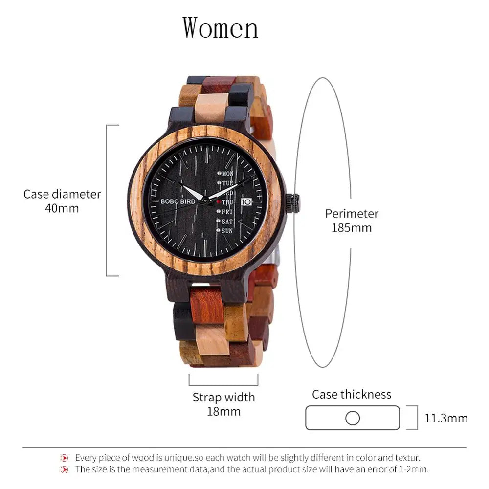 BOBO BIRD Couple Wooden Watch Luxury Brand Wood Timepieces Week Date Display Quartz Watches for Men Women Customized Family Gift