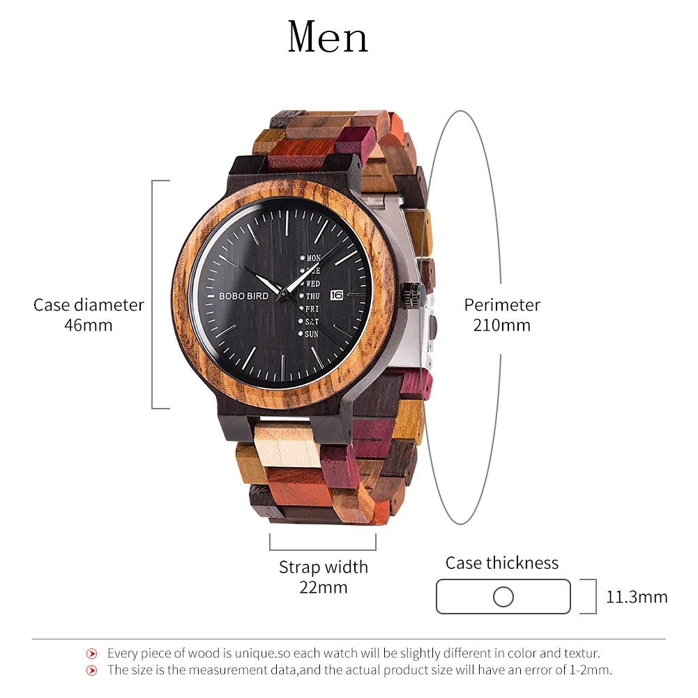 BOBO BIRD Couple Wooden Watch Luxury Brand Wood Timepieces Week Date Display Quartz Watches for Men Women Customized Family Gift