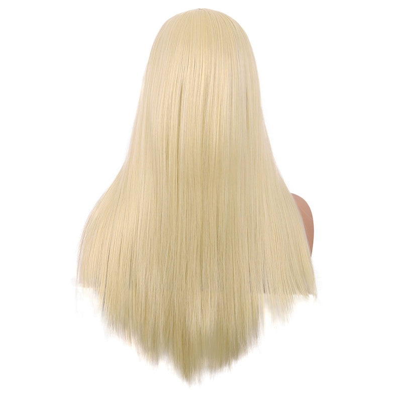 Tongman Cos Wig Female Long Hair Anime Qi Bangs Mixed Gold Light Golden Lolita High-Temperature Fiber Long Straight Hair Headgear