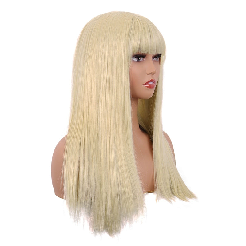 Tongman Cos Wig Female Long Hair Anime Qi Bangs Mixed Gold Light Golden Lolita High-Temperature Fiber Long Straight Hair Headgear