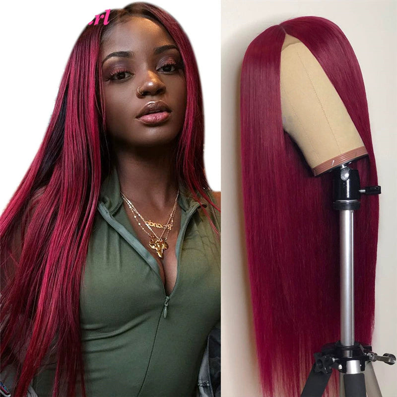 Ebay HOTSALE Lady Wine Long Straight Hair Middle Bobo Wigs