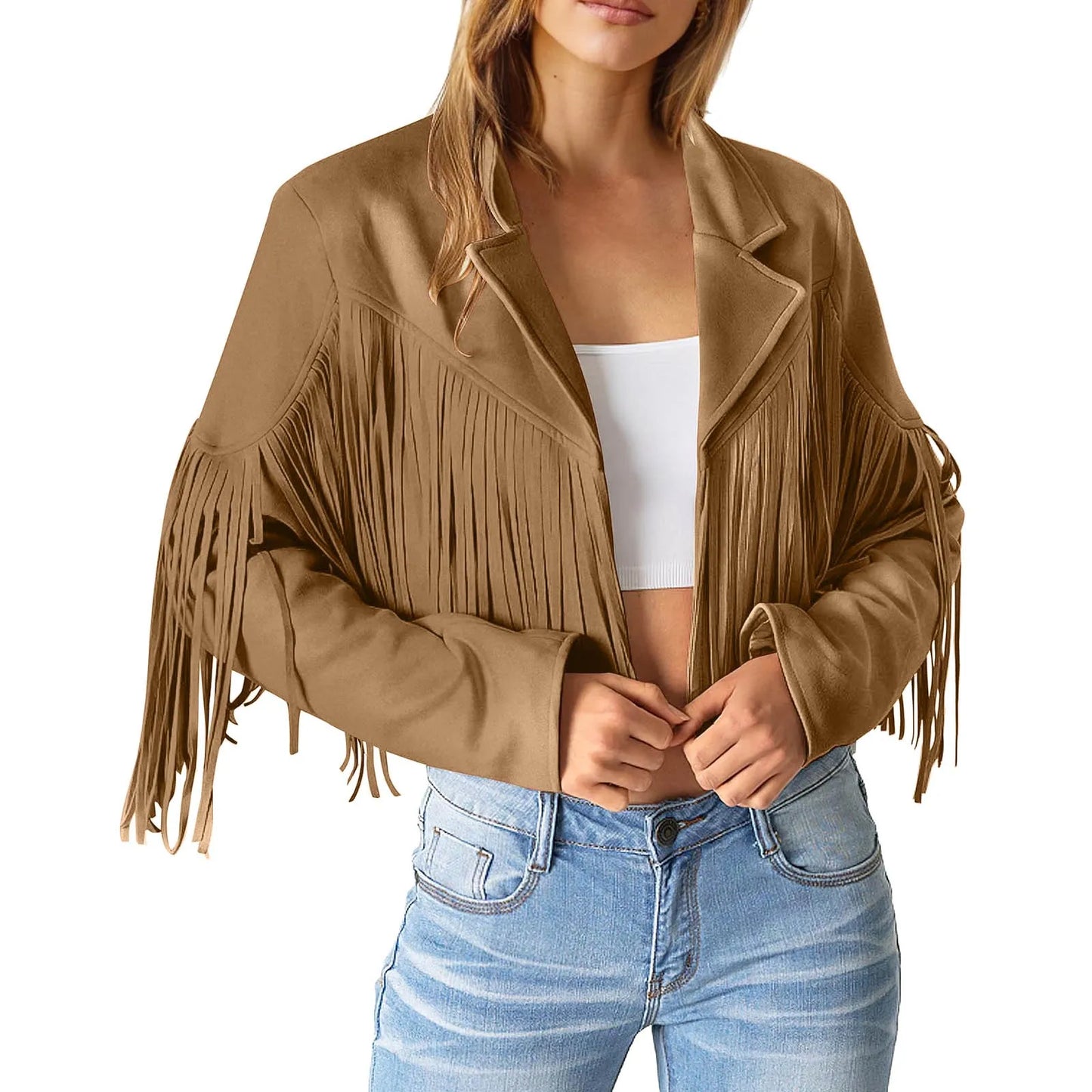 Winter Jackets For Women Fringe Suede Leather Jackets Tassel Motorcycle Cropped Coats Turndown Collar Open Front куртка женская