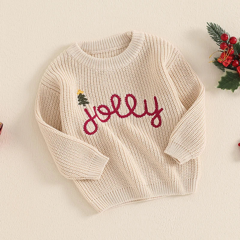 Kids Holiday Sweaters Festive Lettering Embroidered Cozy Long Sleeve Round Neck Ribbed Knit Pullover for Toddlers