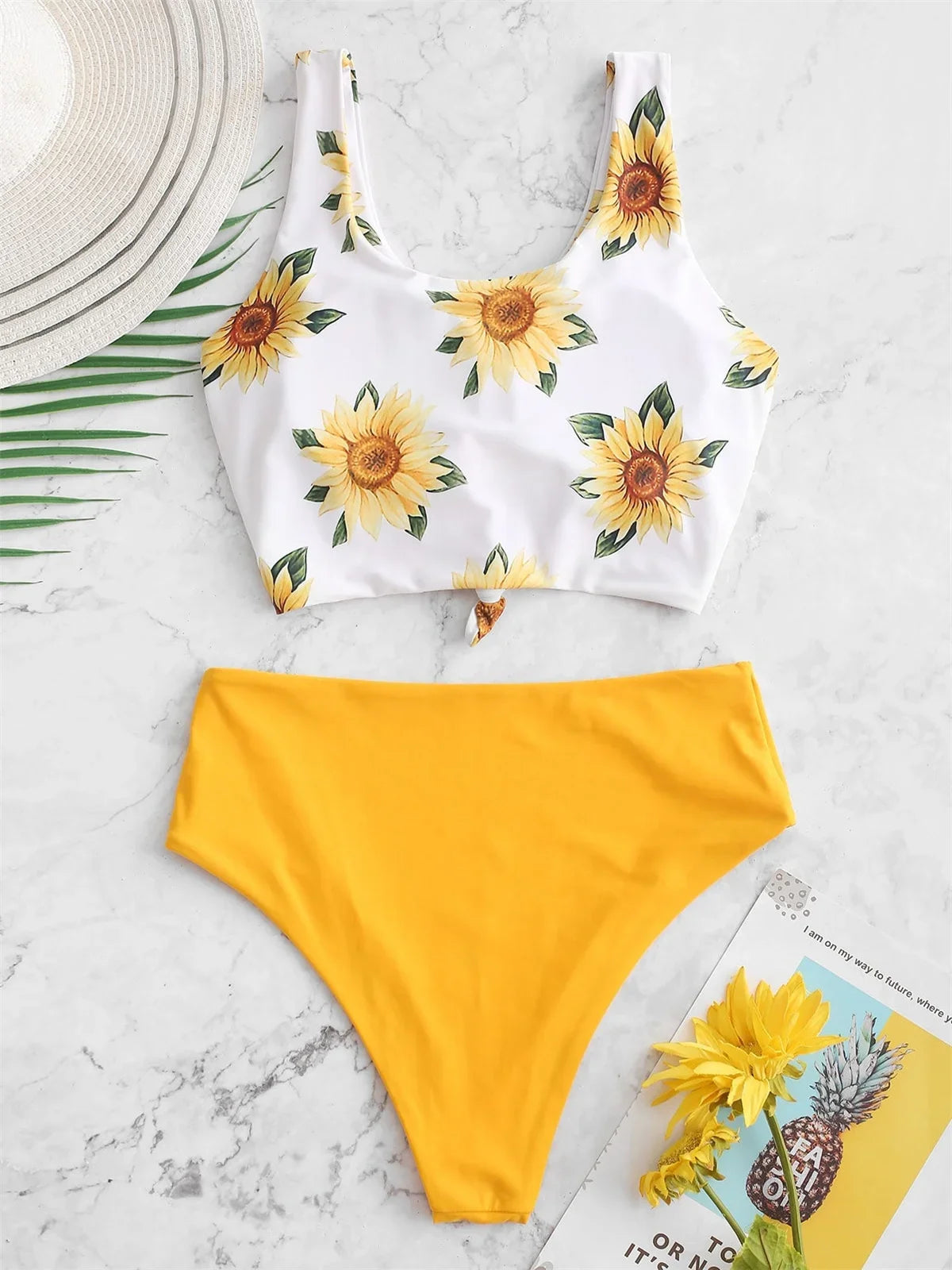 Sunflower Print Bikini Set 2024 Push Up Crop Top Reversible Swimwear Women Front Tie Bathing Suit High Waist Swimsuit Bikinis