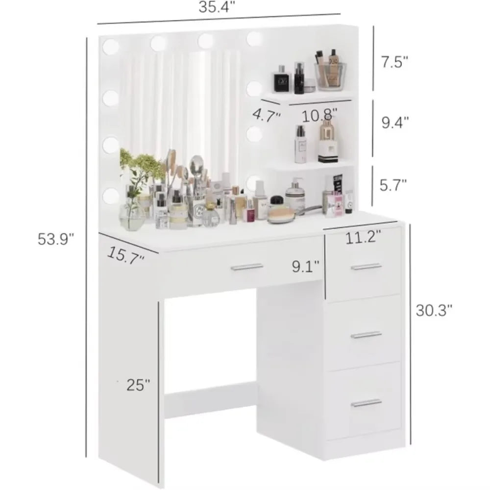 Makeup Vanity Table with Lighted Mirror, Storage Shelf and 4 Drawers, Bedroom Dressing Table, 10 LED Lights, White/Gray