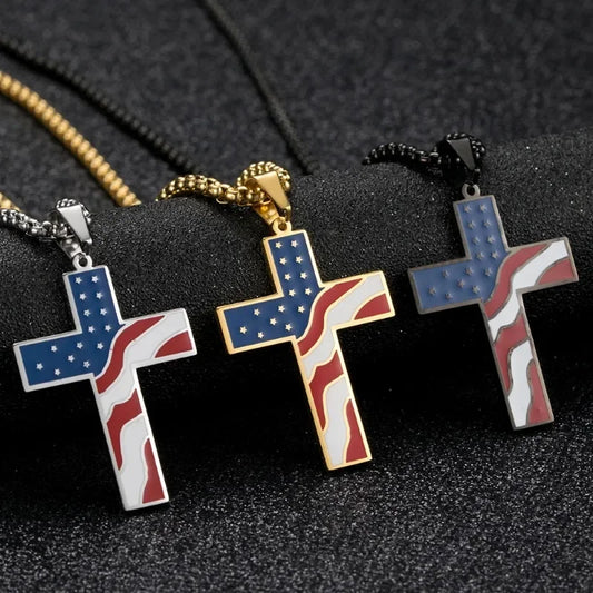 Stainless Steel Enamel American USA Flag Cross Pendant Necklace Stars Stripes Jesus Religion Christian Cross necklace