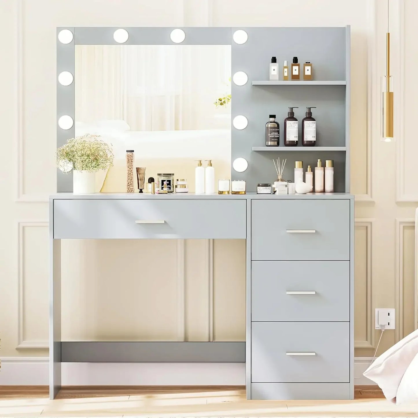 Makeup Vanity Table with Lighted Mirror, Storage Shelf and 4 Drawers, Bedroom Dressing Table, 10 LED Lights, White/Gray