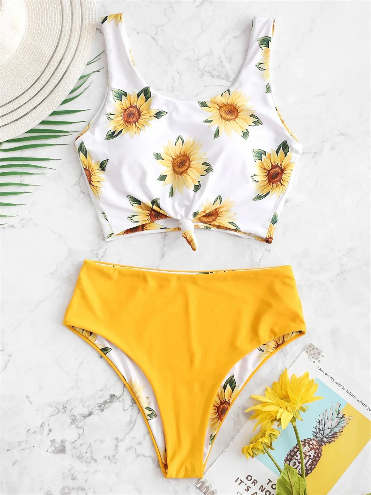 Sunflower Print Bikini Set 2024 Push Up Crop Top Reversible Swimwear Women Front Tie Bathing Suit High Waist Swimsuit Bikinis