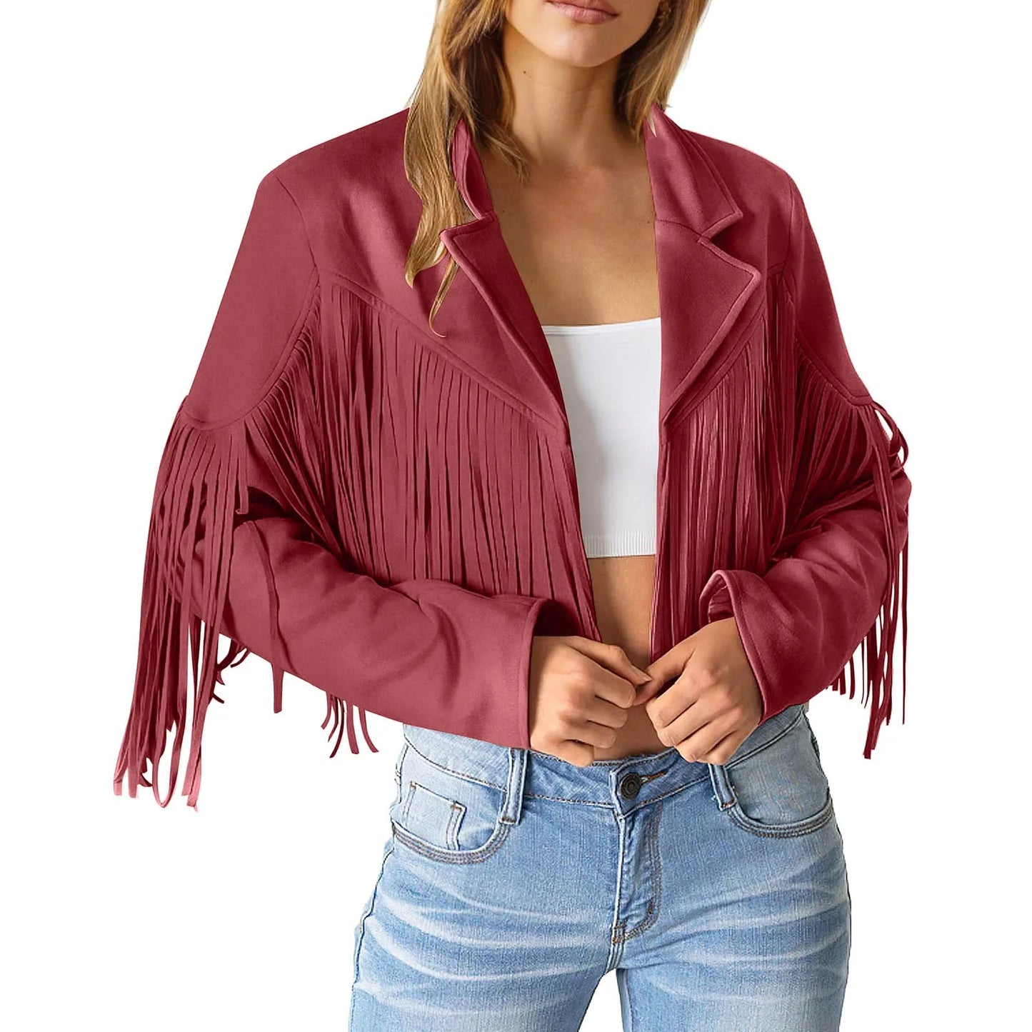 Winter Jackets For Women Fringe Suede Leather Jackets Tassel Motorcycle Cropped Coats Turndown Collar Open Front куртка женская