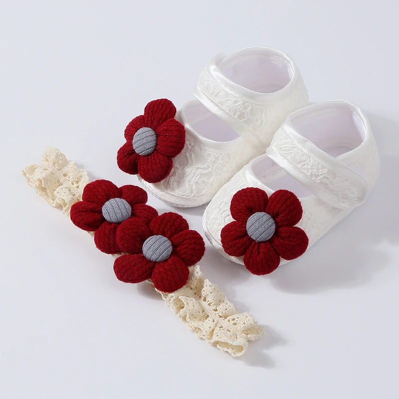 Adorable Baby Girl Bowknot Mary Jane Flats Shoes with Non-Slip Sole and Matching Headband Set for First Walkers