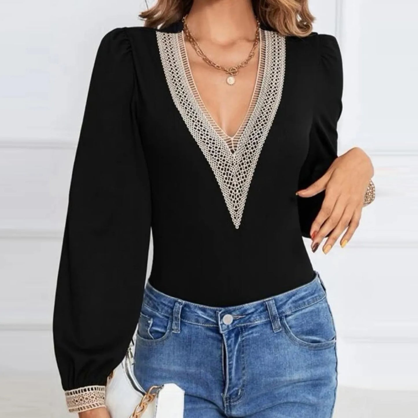 Lace V Neck Bodysuit Blouses Puff Long Sleeves Pullover Fashion Solid Tops Elegant Female Ribbed Body Suit Spring Jumpsuit 2024