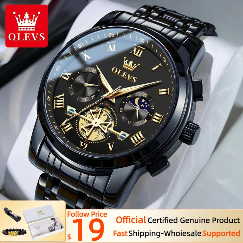 OLEVS Men’s Watch Analog Quartz Movement Business Stainless Steel Waterproof Luminous Chronograph Day Date Male Wrist Watches