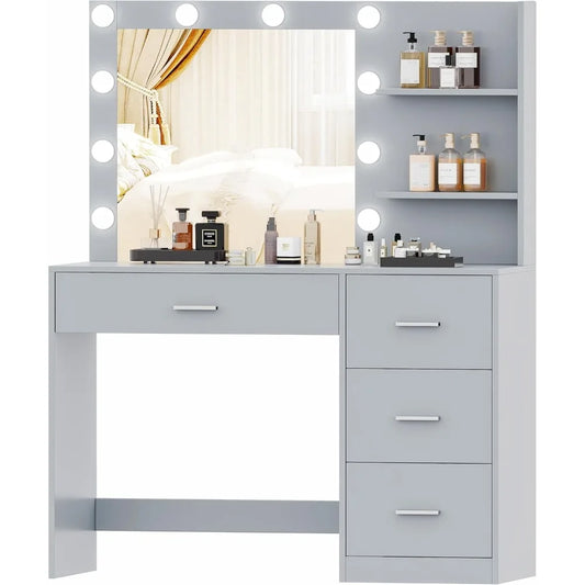 Makeup Vanity Table with Lighted Mirror, Storage Shelf and 4 Drawers, Bedroom Dressing Table, 10 LED Lights, White/Gray