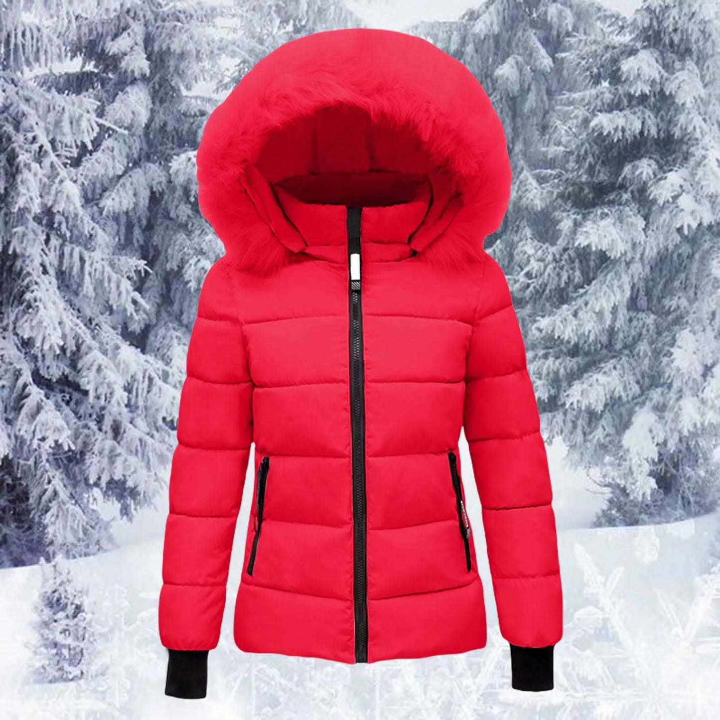 Pink Winter Cotton Puffer Coat Women Fluffy Hooded Zipper Thick Outerwear Lapel Windproof Warm Long Sleeve Down Jacket Fit Coats