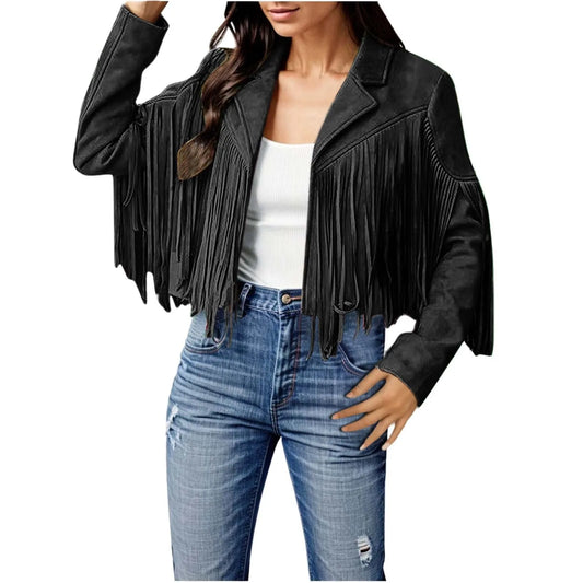 Winter Jackets For Women Fringe Suede Leather Jackets Tassel Motorcycle Cropped Coats Turndown Collar Open Front куртка женская