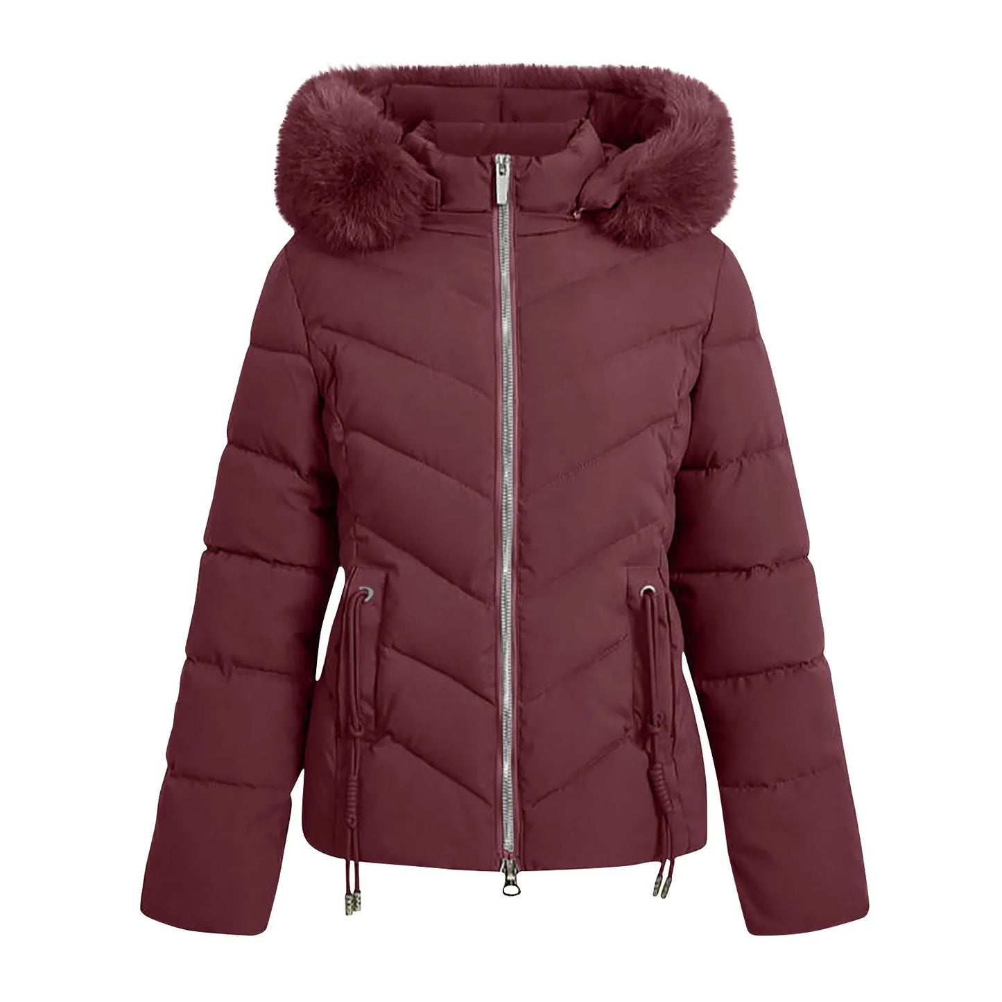 Pink Winter Cotton Puffer Coat Women Fluffy Hooded Zipper Thick Outerwear Lapel Windproof Warm Long Sleeve Down Jacket Fit Coats