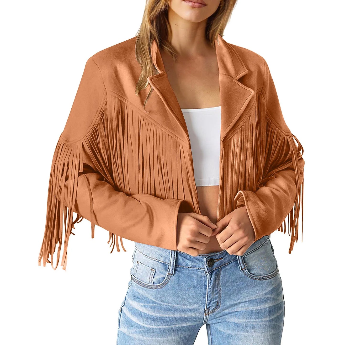 Winter Jackets For Women Fringe Suede Leather Jackets Tassel Motorcycle Cropped Coats Turndown Collar Open Front куртка женская