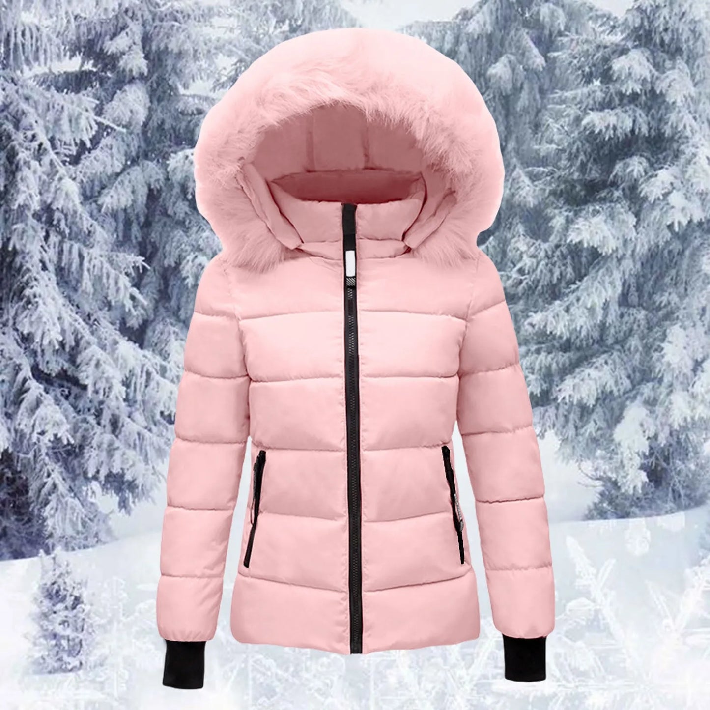 Pink Winter Cotton Puffer Coat Women Fluffy Hooded Zipper Thick Outerwear Lapel Windproof Warm Long Sleeve Down Jacket Fit Coats