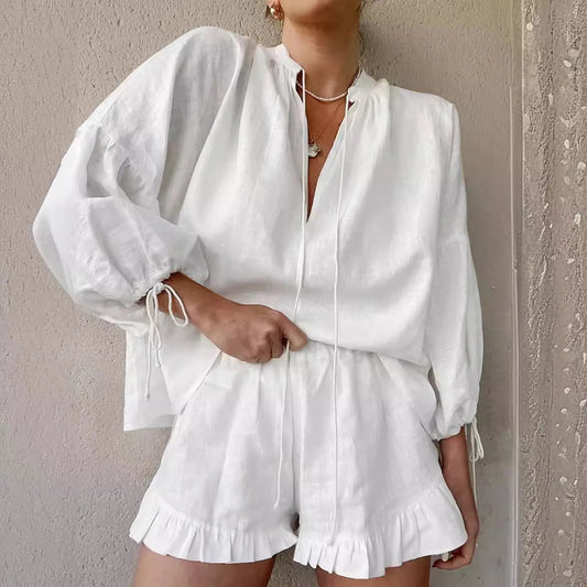 Women's Vacation Fashion Casual Suit Solid Color Summer Shorts And Shirt Top Two Piece Sets V Neck Shirt Sexy Slim Suits