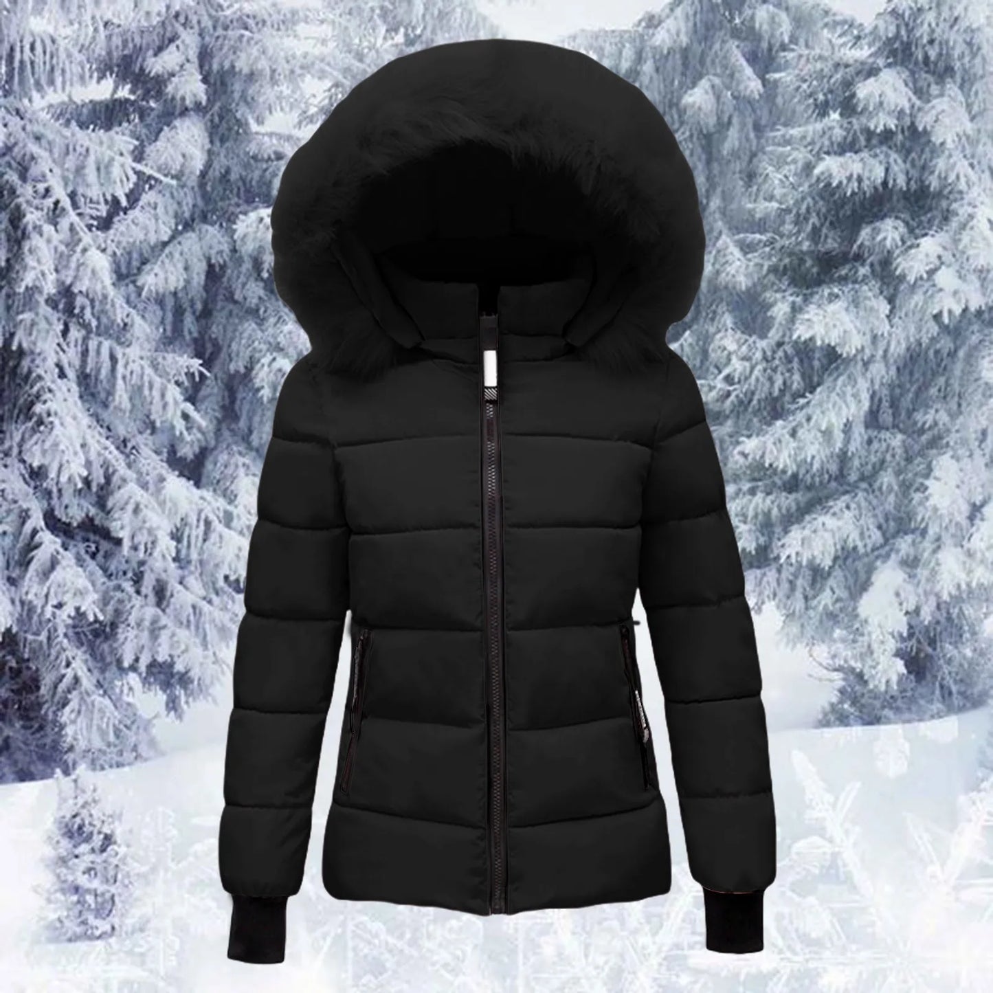 Pink Winter Cotton Puffer Coat Women Fluffy Hooded Zipper Thick Outerwear Lapel Windproof Warm Long Sleeve Down Jacket Fit Coats