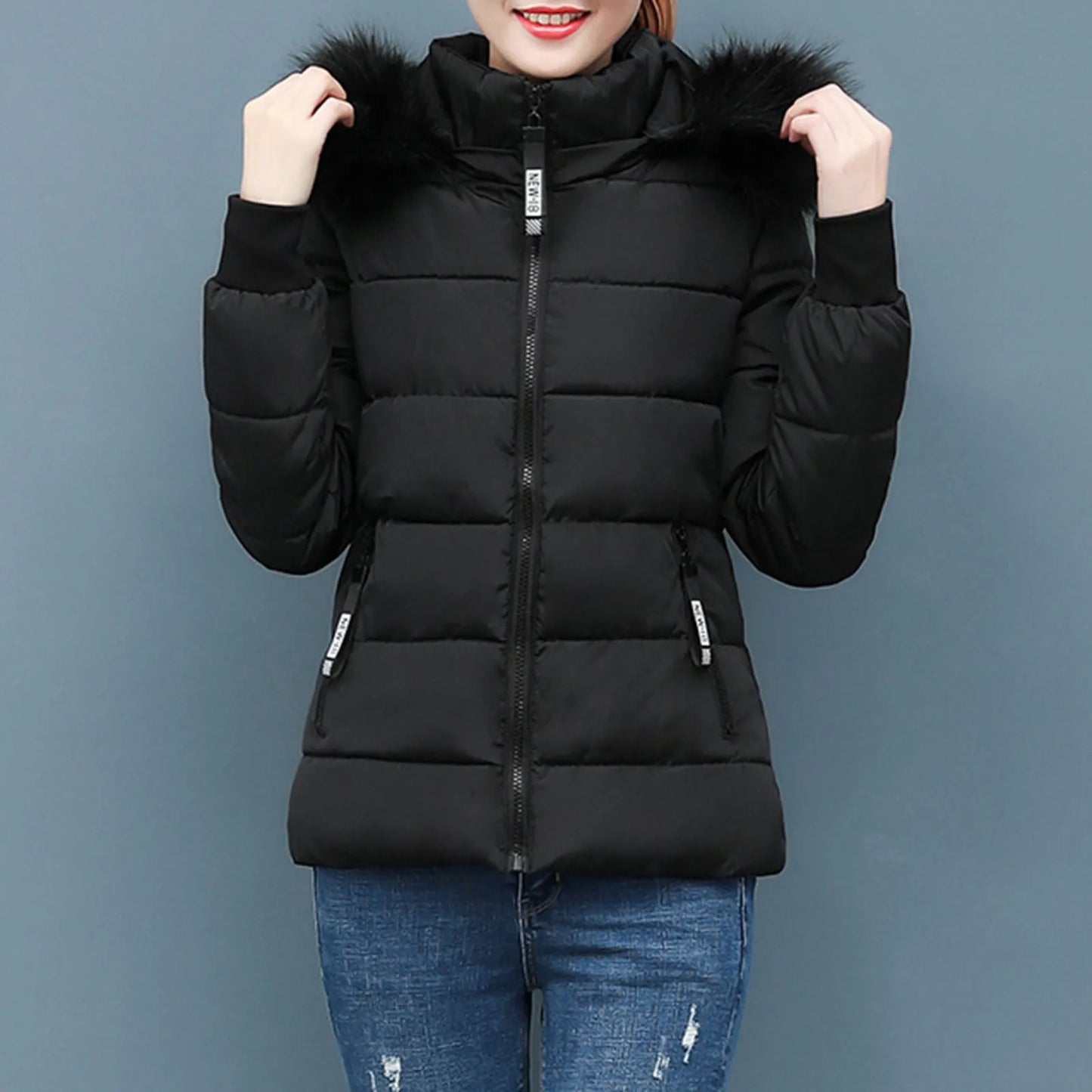 Pink Winter Cotton Puffer Coat Women Fluffy Hooded Zipper Thick Outerwear Lapel Windproof Warm Long Sleeve Down Jacket Fit Coats