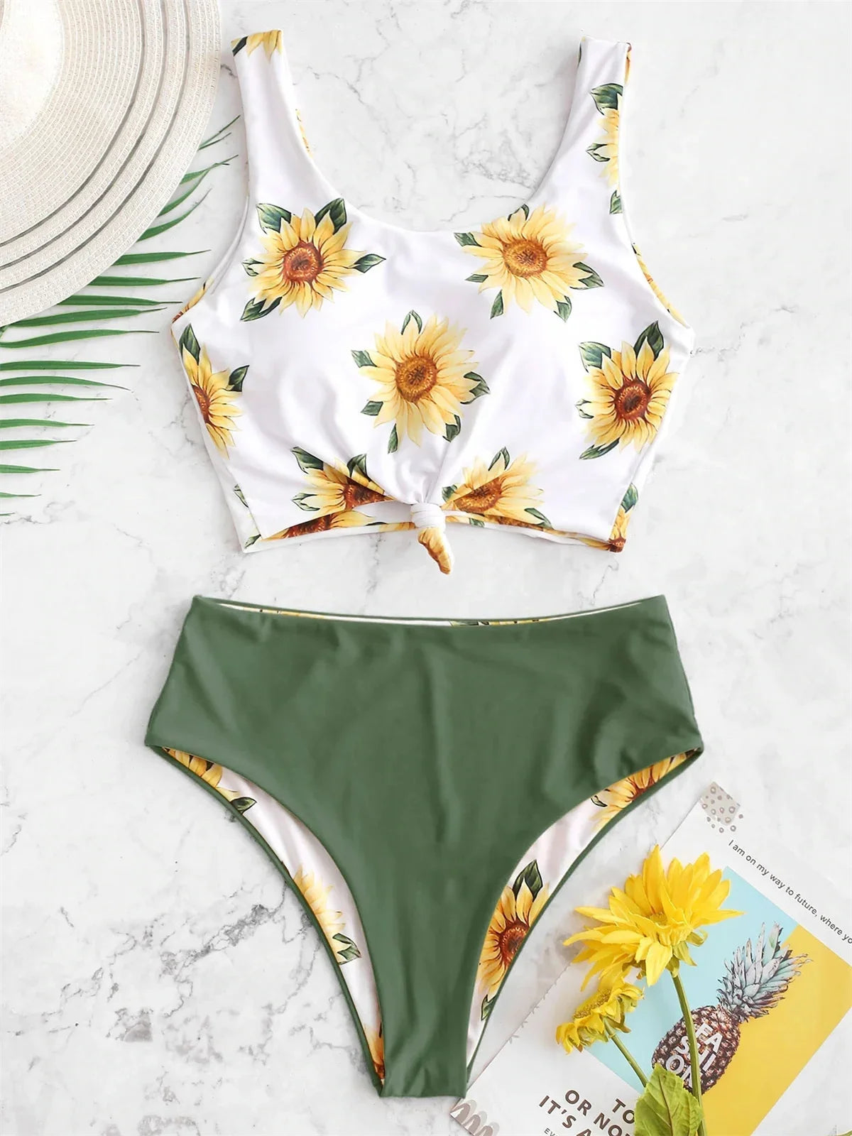 Sunflower Print Bikini Set 2024 Push Up Crop Top Reversible Swimwear Women Front Tie Bathing Suit High Waist Swimsuit Bikinis