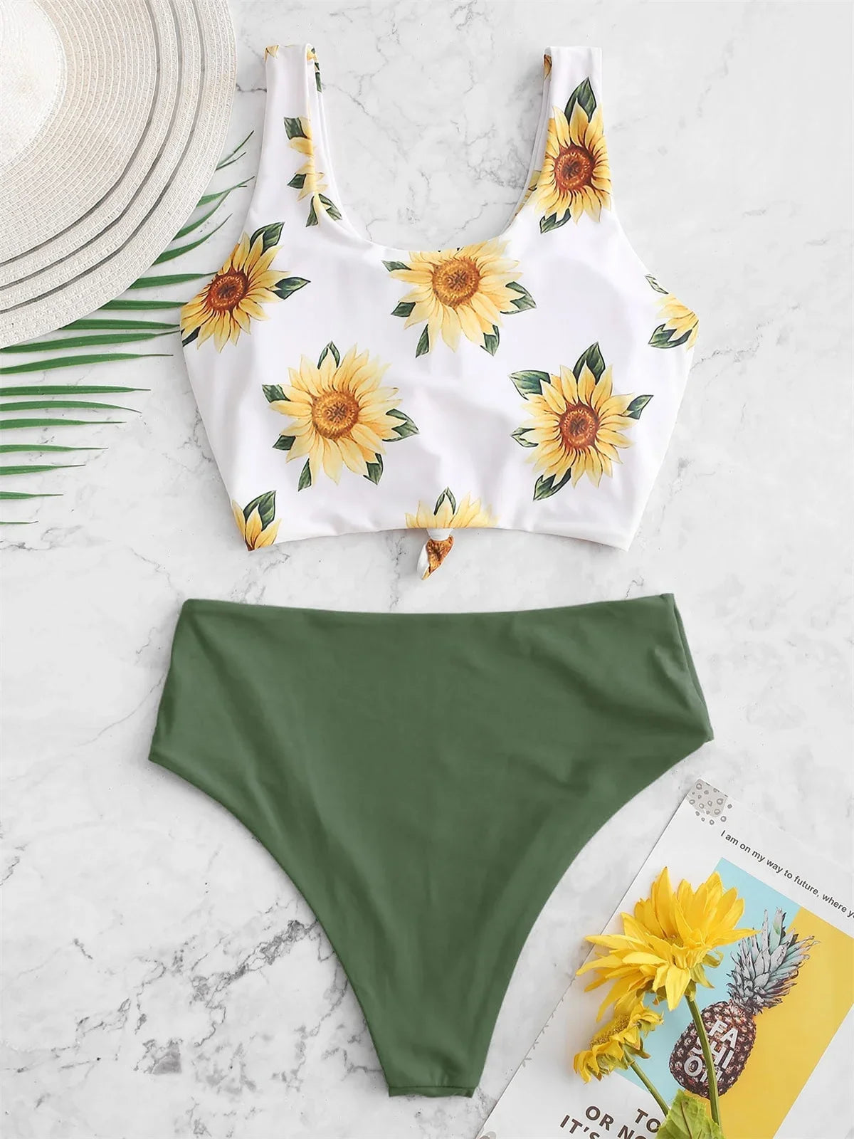 Sunflower Print Bikini Set 2024 Push Up Crop Top Reversible Swimwear Women Front Tie Bathing Suit High Waist Swimsuit Bikinis