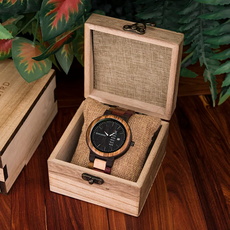 BOBO BIRD Couple Wooden Watch Luxury Brand Wood Timepieces Week Date Display Quartz Watches for Men Women Customized Family Gift