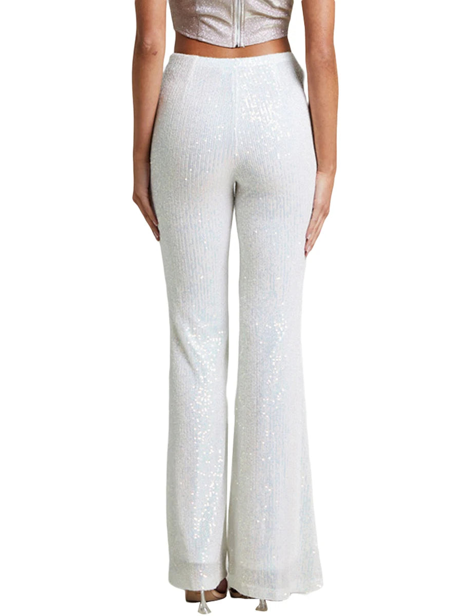 Women s Spring Autumn  Flared Pants High Waist Elastic Band Sequins Bell-bottom Pants