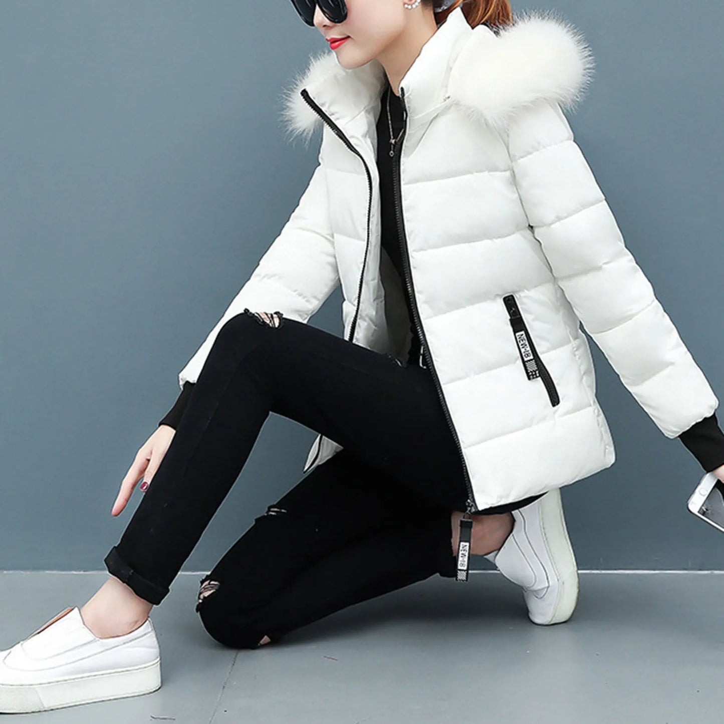 Pink Winter Cotton Puffer Coat Women Fluffy Hooded Zipper Thick Outerwear Lapel Windproof Warm Long Sleeve Down Jacket Fit Coats