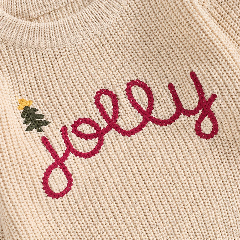 Kids Holiday Sweaters Festive Lettering Embroidered Cozy Long Sleeve Round Neck Ribbed Knit Pullover for Toddlers