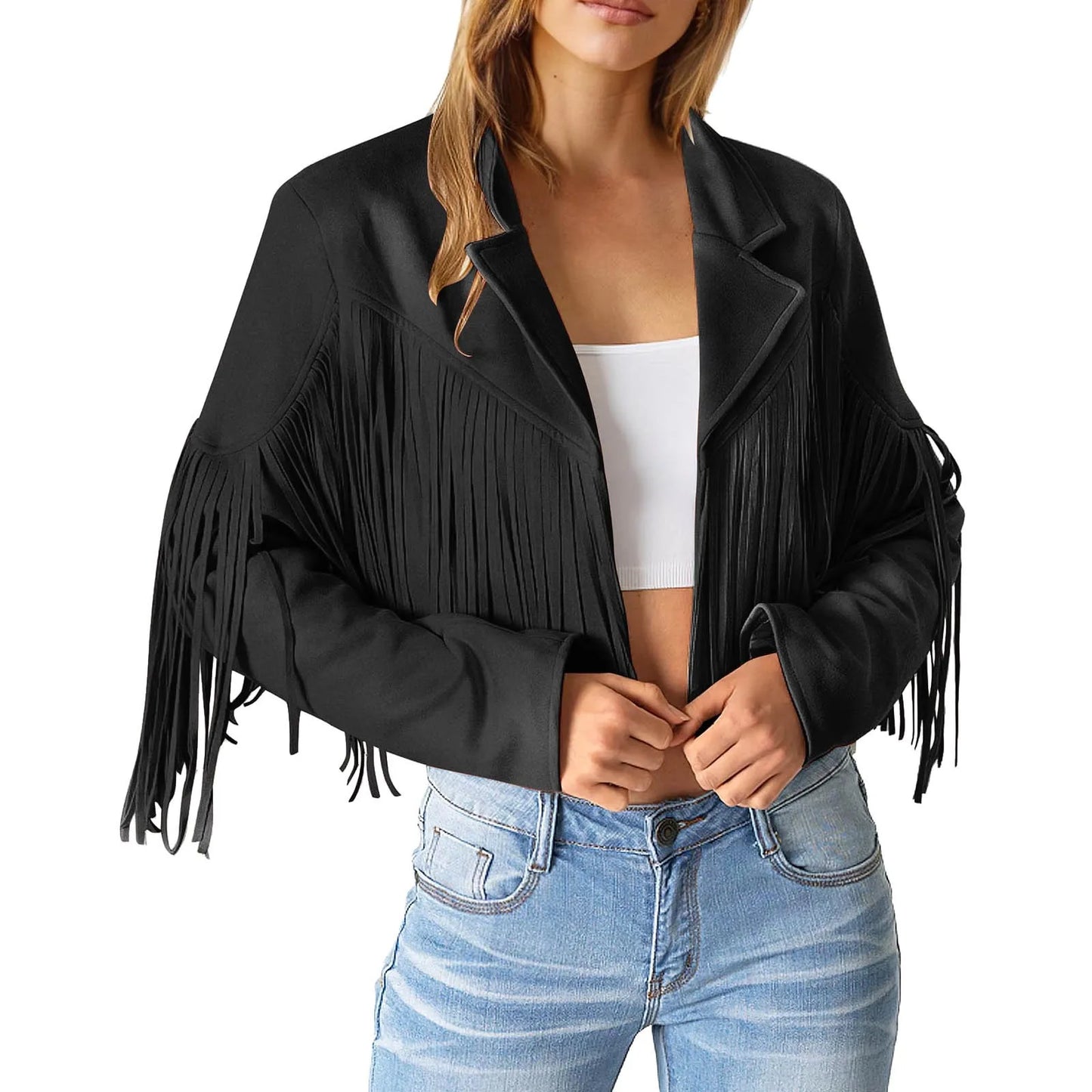 Winter Jackets For Women Fringe Suede Leather Jackets Tassel Motorcycle Cropped Coats Turndown Collar Open Front куртка женская