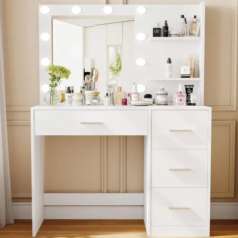 Makeup Vanity Table with Lighted Mirror, Storage Shelf and 4 Drawers, Bedroom Dressing Table, 10 LED Lights, White/Gray