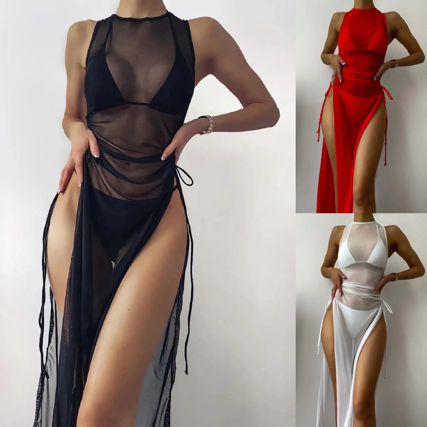 2022 Swimwear Cover Up Women Bikini Mesh Cover Hight Split Fork Dress Female Beach Wrap Bikini Shiny Wrap Beachwear Dropshipping