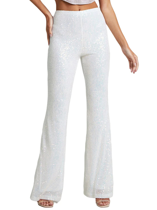 Women s Spring Autumn  Flared Pants High Waist Elastic Band Sequins Bell-bottom Pants