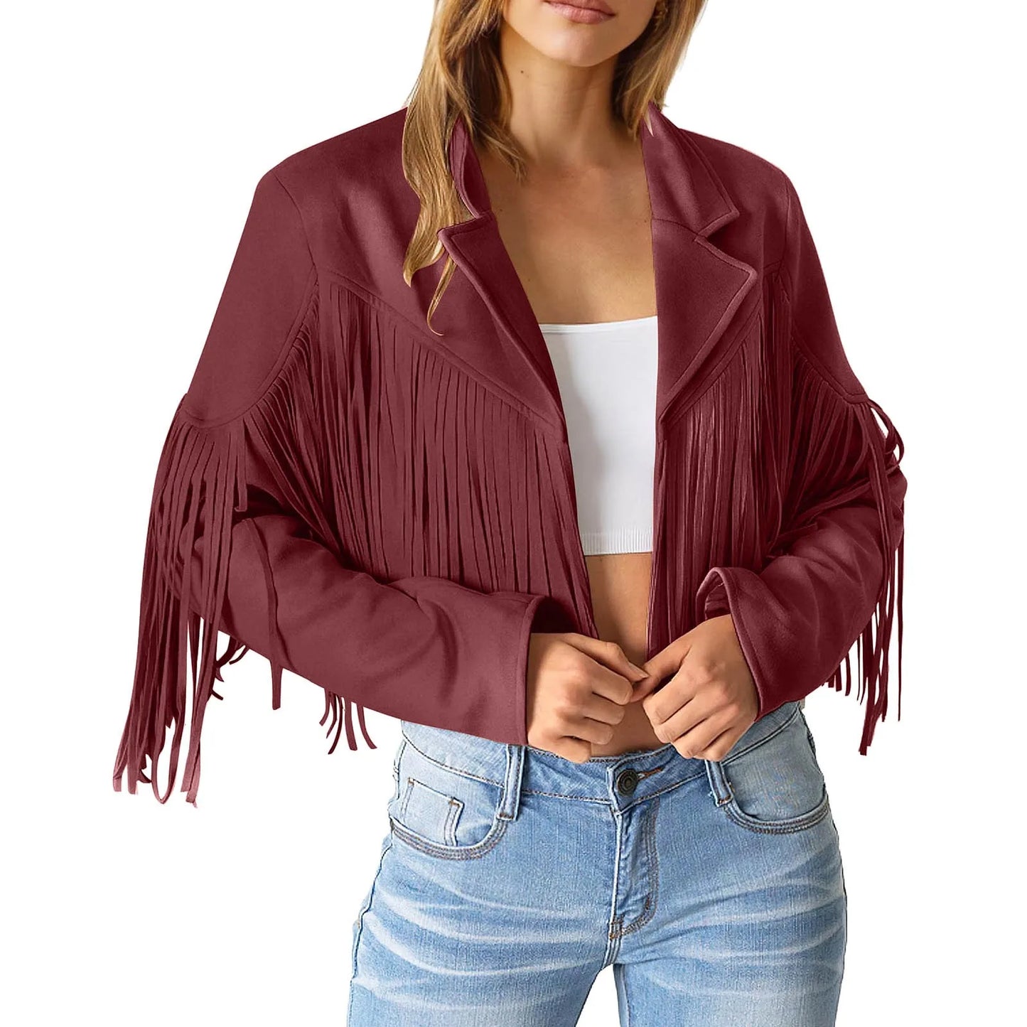 Winter Jackets For Women Fringe Suede Leather Jackets Tassel Motorcycle Cropped Coats Turndown Collar Open Front куртка женская