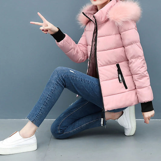 Pink Winter Cotton Puffer Coat Women Fluffy Hooded Zipper Thick Outerwear Lapel Windproof Warm Long Sleeve Down Jacket Fit Coats